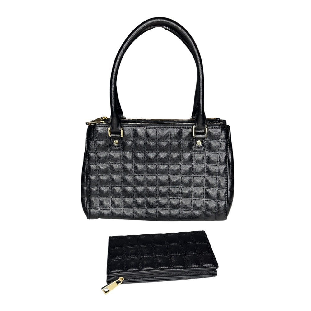 Antonio Melani Black Quilted Leather Satchel Handbag & Wallet Set Gold Hardware